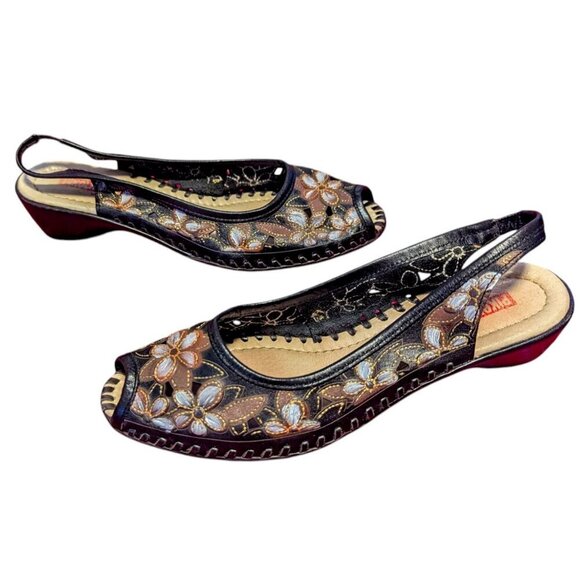 Pikolinos Floral Sandal Sling Back Leather Peep Toe Perforated Laser Boho 37 - Picture 1 of 6